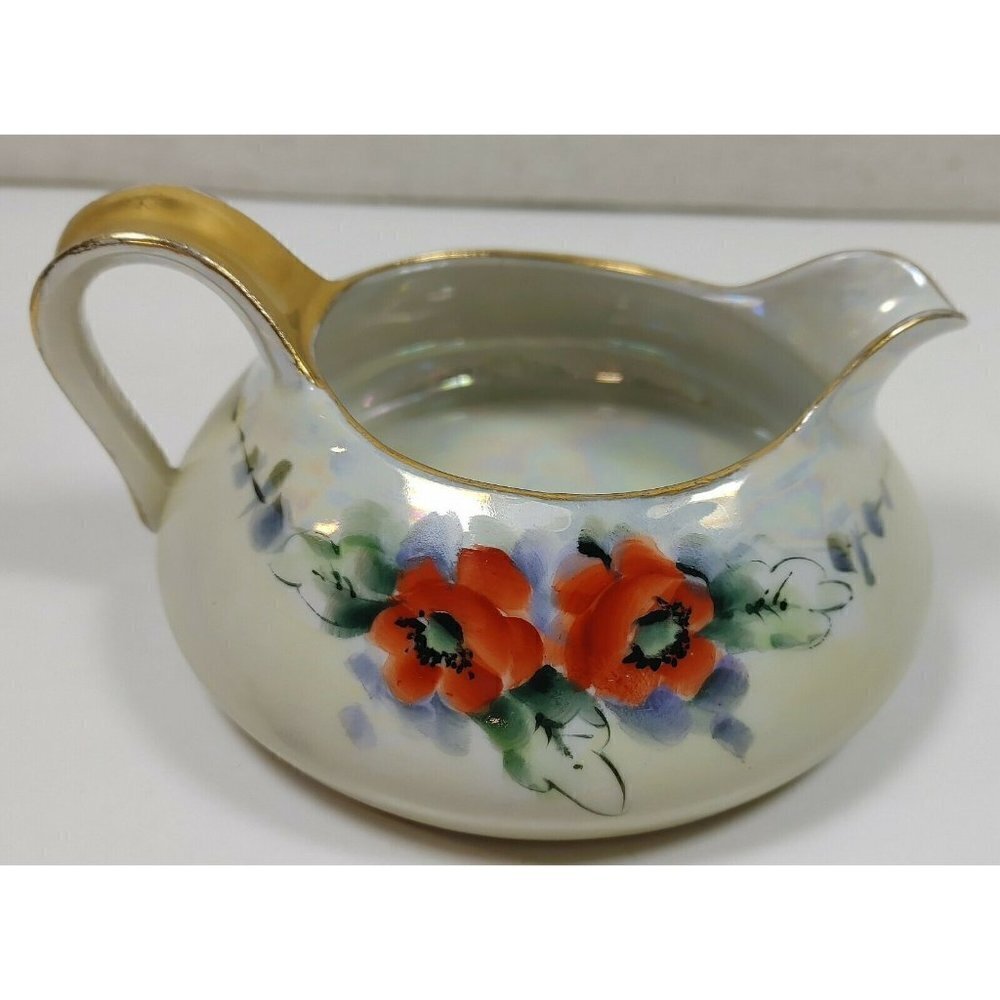 Vintage TK Thun Orange Flowers Porcelain Gold Rim Czechoslovakia Creamer